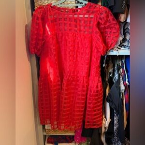 NWT English Factory Gridded Puff Sleeve Dress red size medium